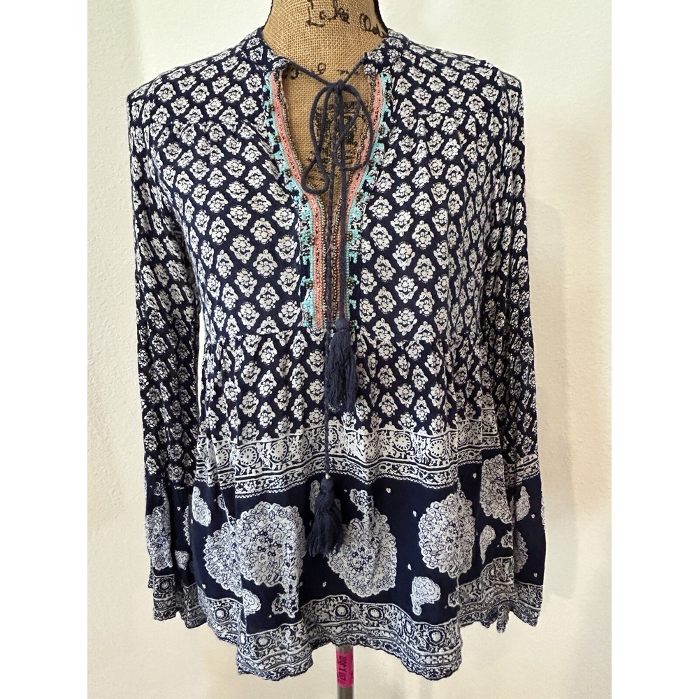 Alter'd State Women's Peasant Top Beading Tassels Boho Paisley 0295